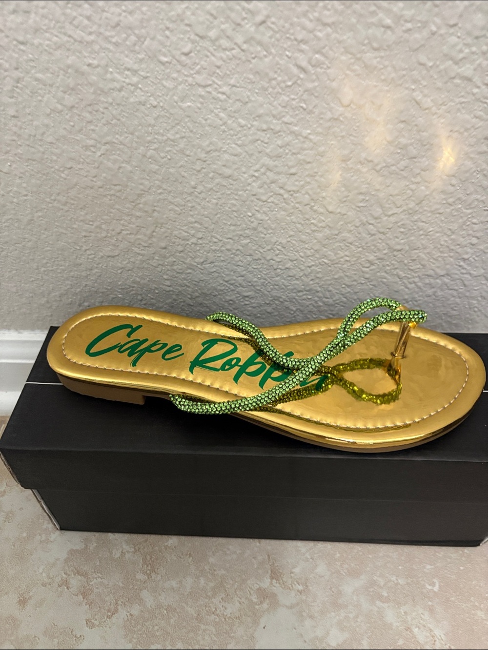 Gold Sandals with Green Beaded Straps